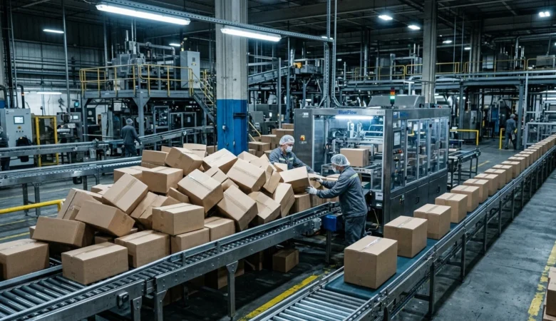 Linha de produção industrial demonstrando fluxo produtivo contínuo e sincronizado