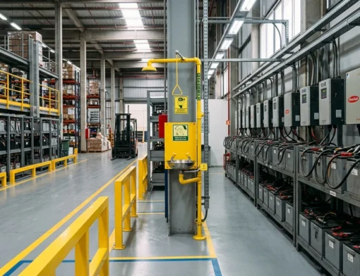 Sala de baterias para empilhadeiras elétricas em armazém com carregadores e estação de segurança