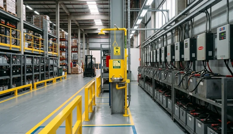 Sala de baterias para empilhadeiras elétricas em armazém com carregadores e estação de segurança