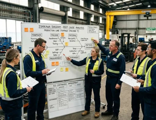 Time em ambiente industrial diante de um quadro com Diagrama de Ishikawa, representando a solução de problemas aplicada à operação