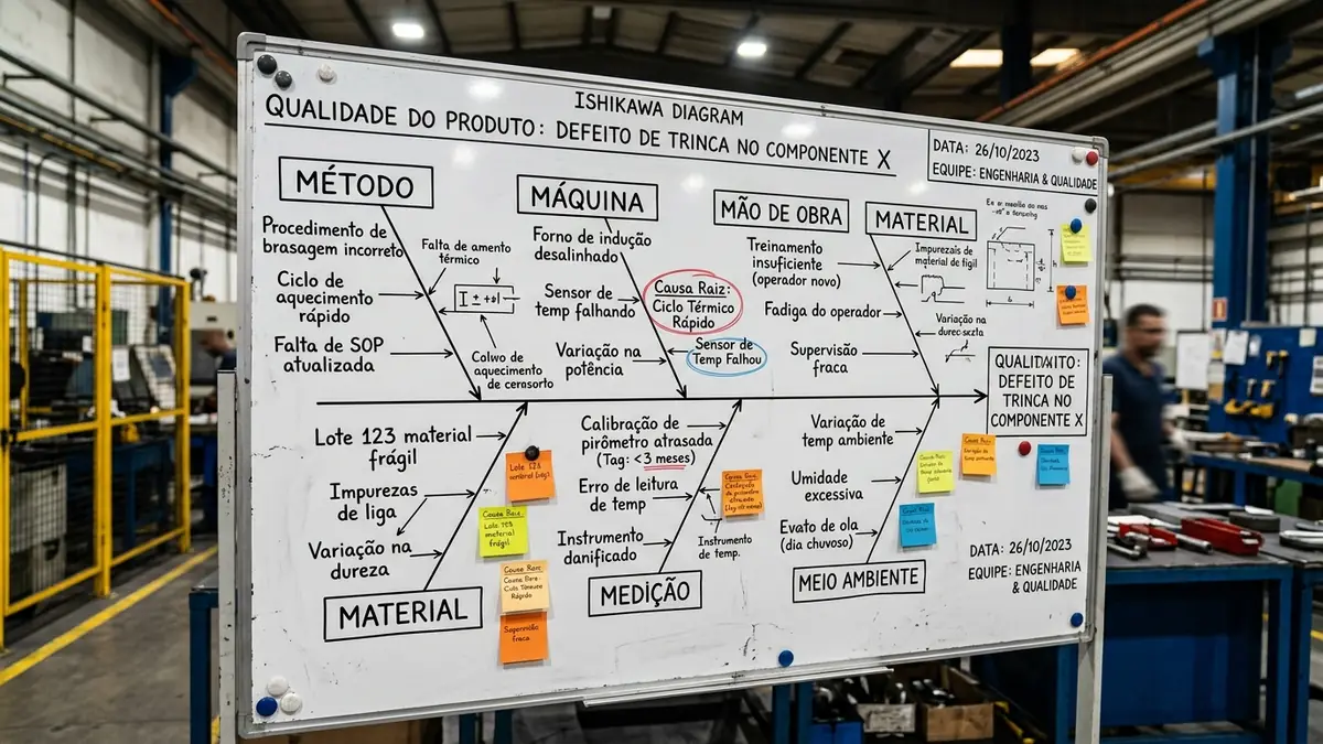 Diagrama de Ishikawa preenchido, ferramenta de análise de causa raiz usada na indústria