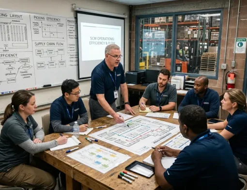 Instrutor conduzindo treinamento corporativo técnico para pequeno grupo em ambiente operacional de supply chain