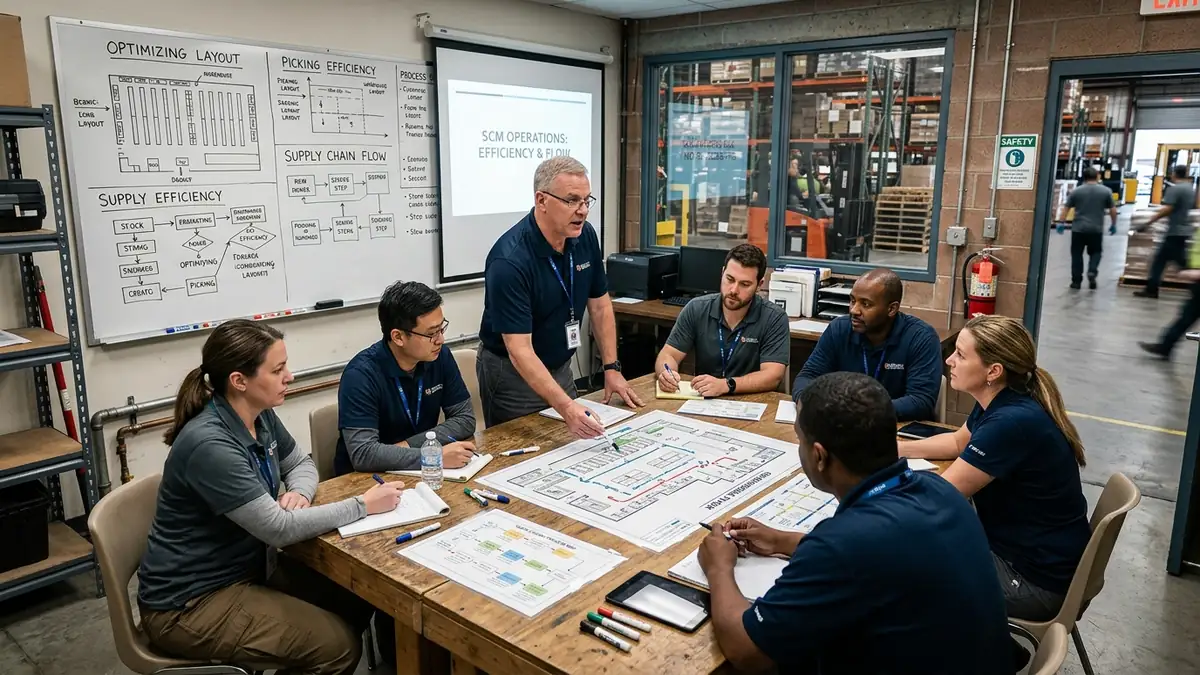 Instrutor conduzindo treinamento corporativo técnico para pequeno grupo em ambiente operacional de supply chain