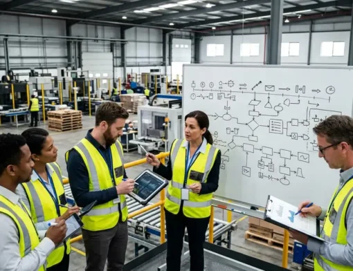 Equipe de operações industriais aplicando plano de ação 5W2H no chão de fábrica