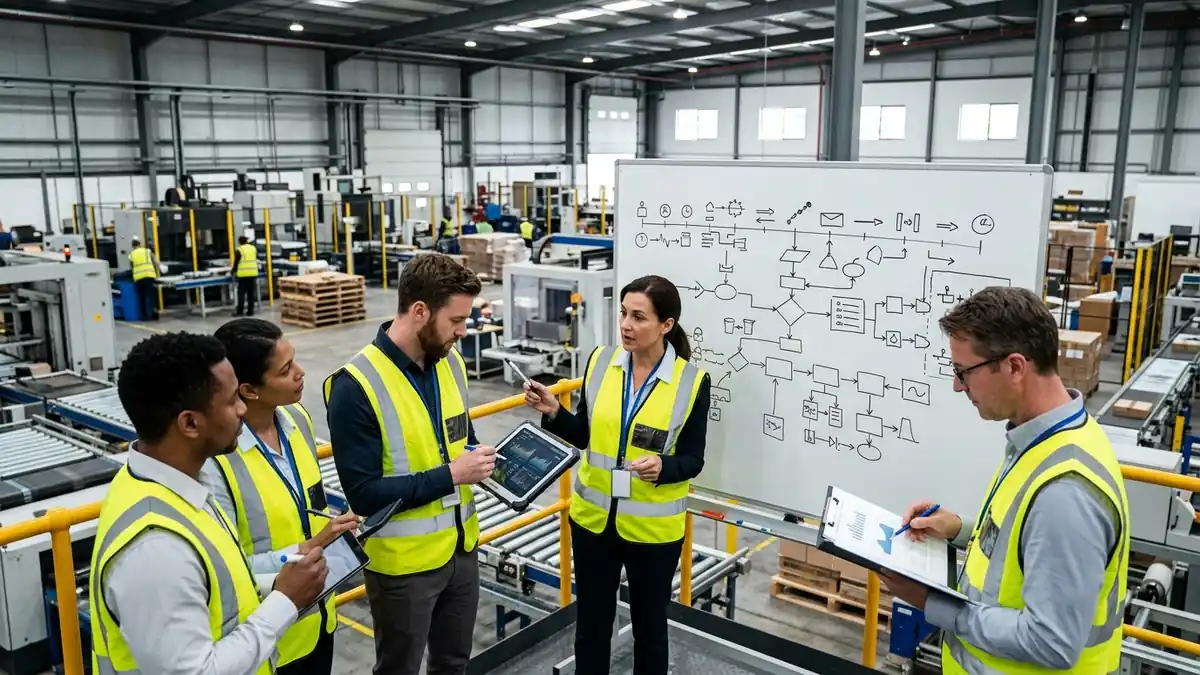 Equipe de operações industriais aplicando plano de ação 5W2H no chão de fábrica