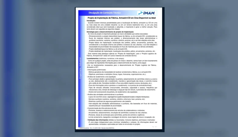 Capa do artigo do acervo técnico da IMAM sobre projeto de implantação