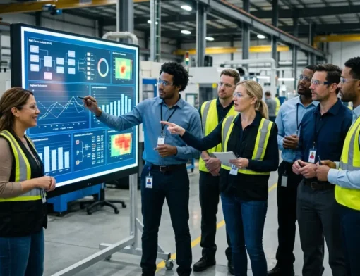 Equipe de engenharia e qualidade industrial aplicando o diagrama de Ishikawa na fábrica