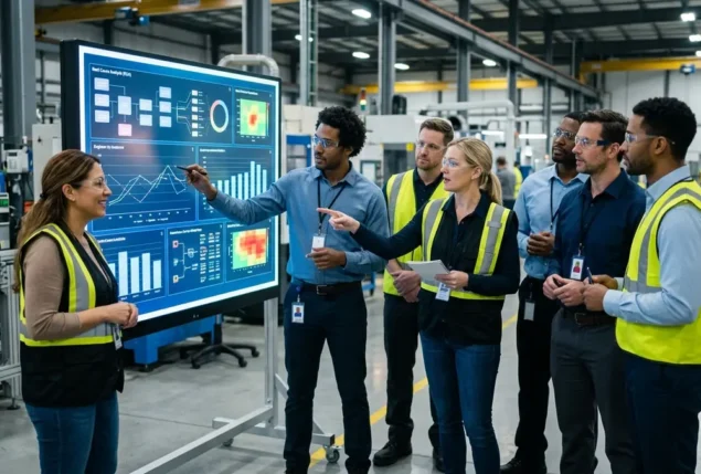 Equipe de engenharia e qualidade industrial aplicando o diagrama de Ishikawa na fábrica