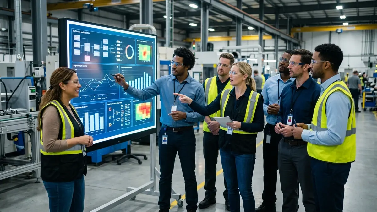 Equipe de engenharia e qualidade industrial aplicando o diagrama de Ishikawa na fábrica