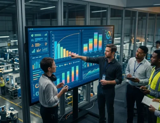 Engenheiros industriais analisando gráfico de diagrama de Pareto para priorização de perdas operacionais