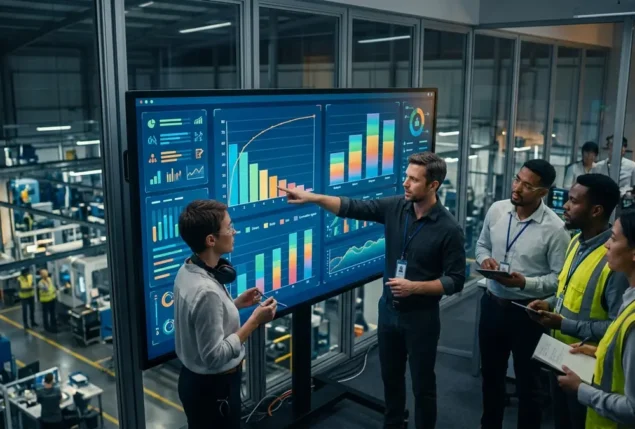 Engenheiros industriais analisando gráfico de diagrama de Pareto para priorização de perdas operacionais