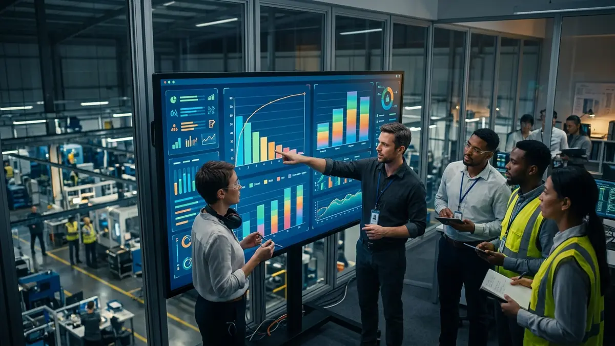 Engenheiros industriais analisando gráfico de diagrama de Pareto para priorização de perdas operacionais