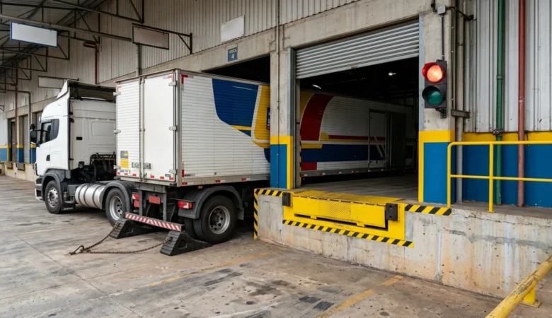 Operação segura em docas de armazém com niveladora de doca, calços de segurança e sinalização