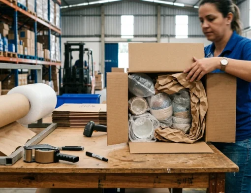 Estação de embalagem e expedição logística com materiais de proteção e preenchimento