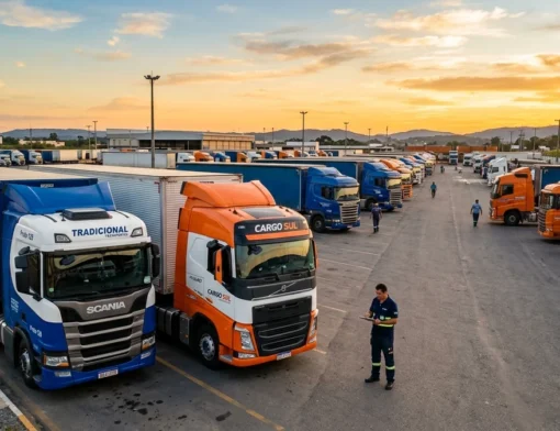 Pátio de transportadora com carretas e caminhões organizados para decisão entre frota própria e terceirizada