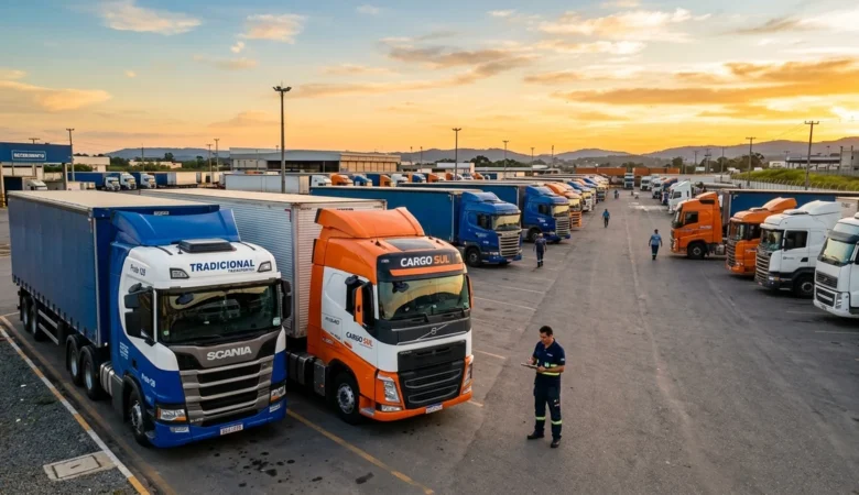 Pátio de transportadora com carretas e caminhões organizados para decisão entre frota própria e terceirizada
