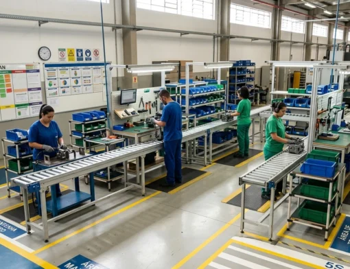 Célula de manufatura industrial com gestão visual e metodologia Lean Manufacturing
