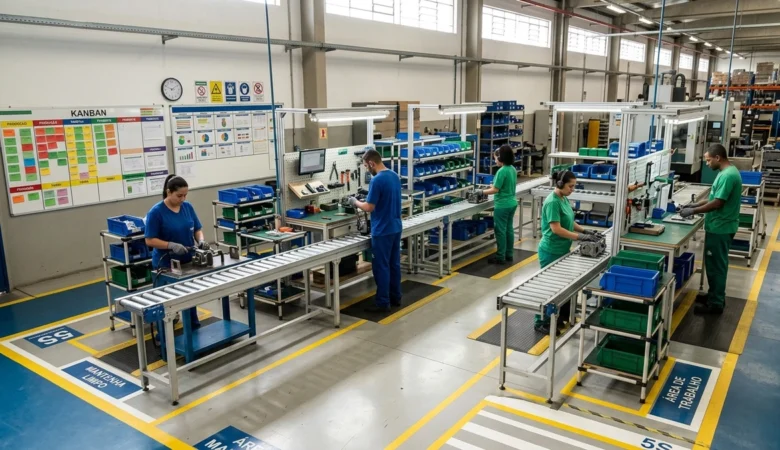 Célula de manufatura industrial com gestão visual e metodologia Lean Manufacturing