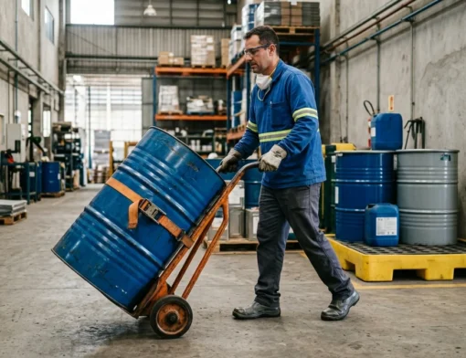 Operador transportando tambor industrial em carrinho próprio com cinta de segurança e contenção