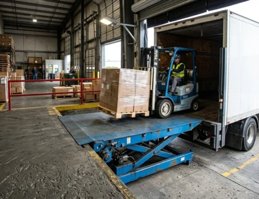 Niveladora de doca hidráulica em armazém facilitando o carregamento de carretas com empilhadeira