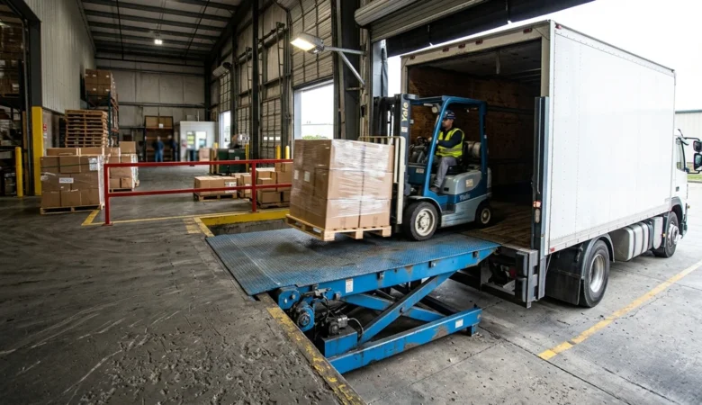 Niveladora de doca hidráulica em armazém facilitando o carregamento de carretas com empilhadeira