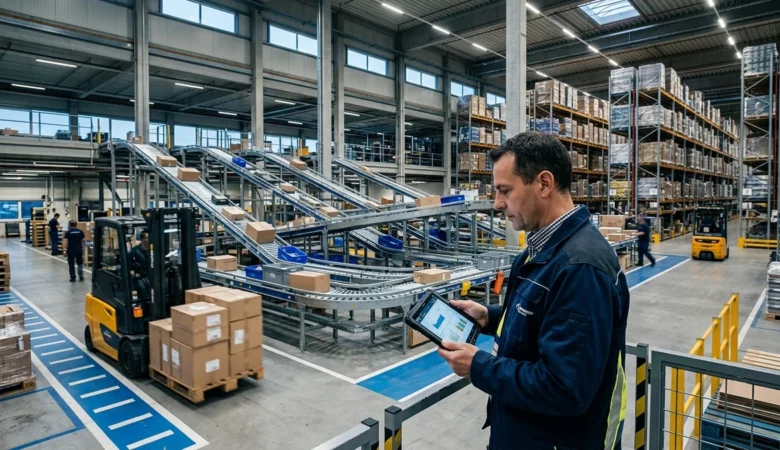 Centro de distribuição moderno com análise de indicadores e gráficos de intralogística