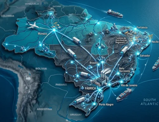 Mapa conceitual de rotas logísticas e distribuição de carga conectando centros regionais
