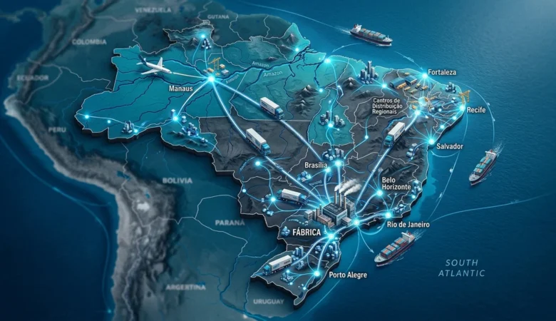 Mapa conceitual de rotas logísticas e distribuição de carga conectando centros regionais