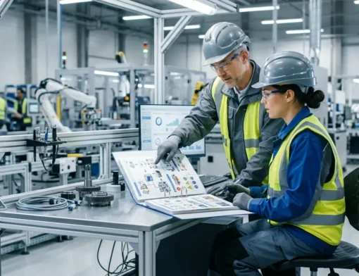 Supervisor e operadora industrial revisando procedimento operacional padrão em posto de trabalho na fábrica