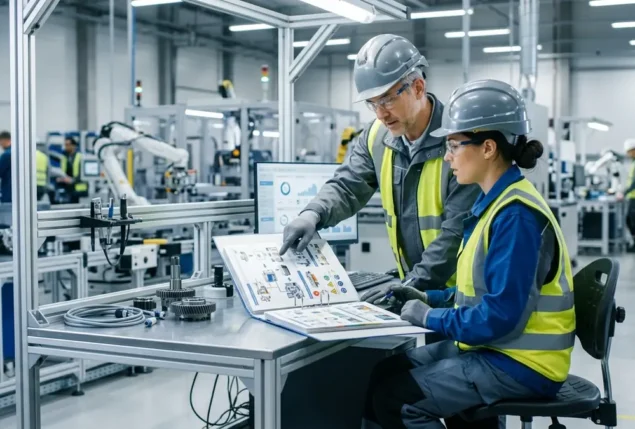 Supervisor e operadora industrial revisando procedimento operacional padrão em posto de trabalho na fábrica
