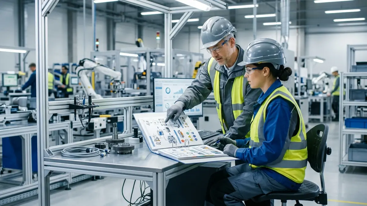 Supervisor e operadora industrial revisando procedimento operacional padrão em posto de trabalho na fábrica