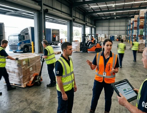 Supervisor de armazém coordenando equipe de expedição e conferência no galpão logístico