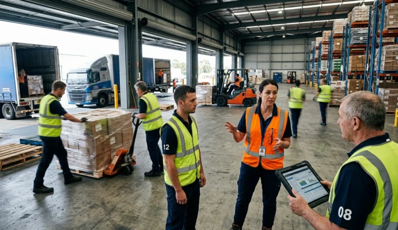 Supervisor de armazém coordenando equipe de expedição e conferência no galpão logístico