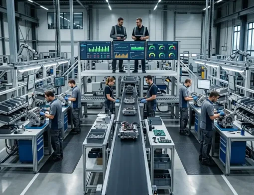 Linha de montagem industrial com balanceamento de fluxo e medição de takt time no Lean Manufacturing