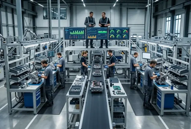 Linha de montagem industrial com balanceamento de fluxo e medição de takt time no Lean Manufacturing