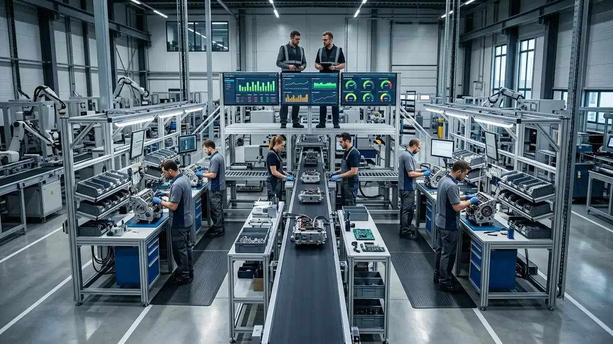 Linha de montagem industrial com balanceamento de fluxo e medição de takt time no Lean Manufacturing